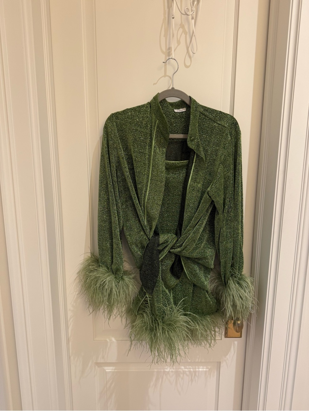 Oseree Green Feather-Trim Tie-Front Cardigan